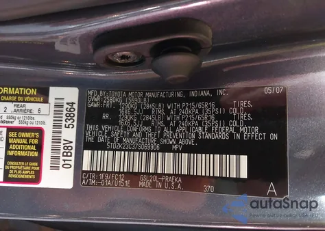 2007 Toyota Sienna Le z USA, uszkodzony, nr VIN 5TDZK23C37S069906